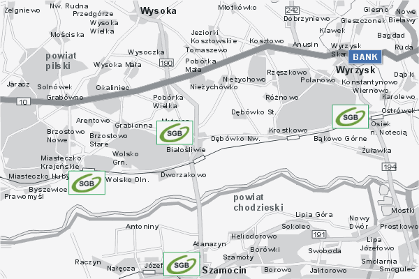 Mapa ( Plan ) Wielkopolski. Warstwa Bankowa Wielkopolska. Wielkopolska.  
  
   Warstwa bankowa prezentuje wybrane lokalizacje wielkopolskich bankw w postaci umieszczonego znaku graficznego BANK. Po najechaniu kursorem myszy na znak graficzny pojawia si nazwa i adres lokalizowanego banku (IE), a po klikniciu w niektre loga otwiera dodatkowe okienko z opisem banku i danymi teleadresowymi. Mapa wykonana jest w skali 1:50 000 - warstwa bankowa.

Wielkopolska - warstwa bankowa ( BANK ) Internetowego Planu Wielkopolski serwisu Cyber Wielkopolska.