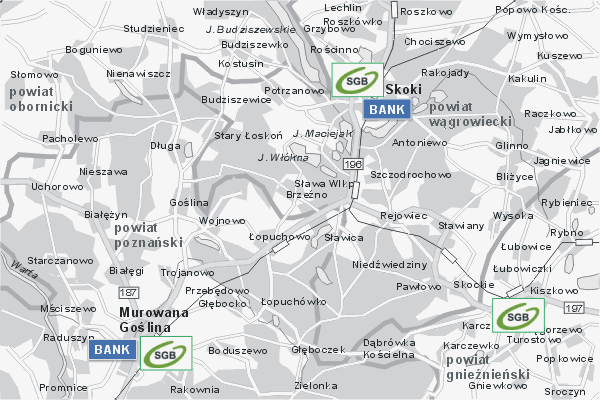 Mapa ( Plan ) Wielkopolski. Warstwa Bankowa Wielkopolska. Wielkopolska.  
  
   Warstwa bankowa prezentuje wybrane lokalizacje wielkopolskich bankw w postaci umieszczonego znaku graficznego BANK. Po najechaniu kursorem myszy na znak graficzny pojawia si nazwa i adres lokalizowanego banku (IE), a po klikniciu w niektre loga otwiera dodatkowe okienko z opisem banku i danymi teleadresowymi. Mapa wykonana jest w skali 1:50 000 - warstwa bankowa.

Wielkopolska - warstwa bankowa ( BANK ) Internetowego Planu Wielkopolski serwisu Cyber Wielkopolska.