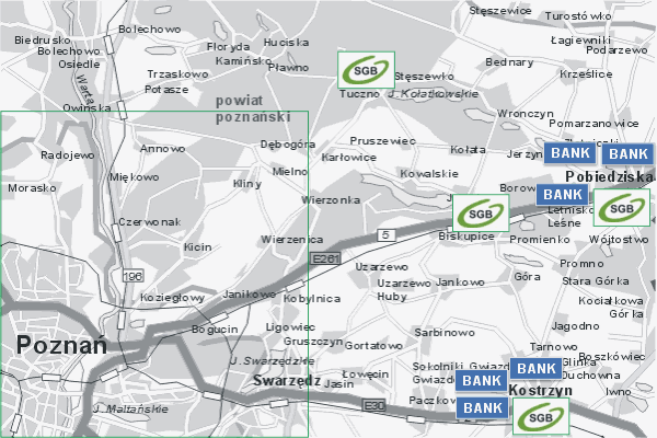 Mapa ( Plan ) Wielkopolski. Warstwa Bankowa Wielkopolska. Wielkopolska.  
  
   Warstwa bankowa prezentuje wybrane lokalizacje wielkopolskich bankw w postaci umieszczonego znaku graficznego BANK. Po najechaniu kursorem myszy na znak graficzny pojawia si nazwa i adres lokalizowanego banku (IE), a po klikniciu w niektre loga otwiera dodatkowe okienko z opisem banku i danymi teleadresowymi. Mapa wykonana jest w skali 1:50 000 - warstwa bankowa.

Wielkopolska - warstwa bankowa ( BANK ) Internetowego Planu Wielkopolski serwisu Cyber Wielkopolska.