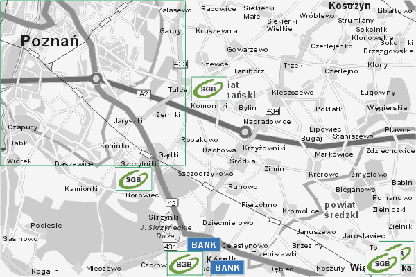 Mapa ( Plan ) Wielkopolski. Warstwa Bankowa Wielkopolska. Wielkopolska.  
  
   Warstwa bankowa prezentuje wybrane lokalizacje wielkopolskich bankw w postaci umieszczonego znaku graficznego BANK. Po najechaniu kursorem myszy na znak graficzny pojawia si nazwa i adres lokalizowanego banku (IE), a po klikniciu w niektre loga otwiera dodatkowe okienko z opisem banku i danymi teleadresowymi. Mapa wykonana jest w skali 1:50 000 - warstwa bankowa.

Wielkopolska - warstwa bankowa ( BANK ) Internetowego Planu Wielkopolski serwisu Cyber Wielkopolska.