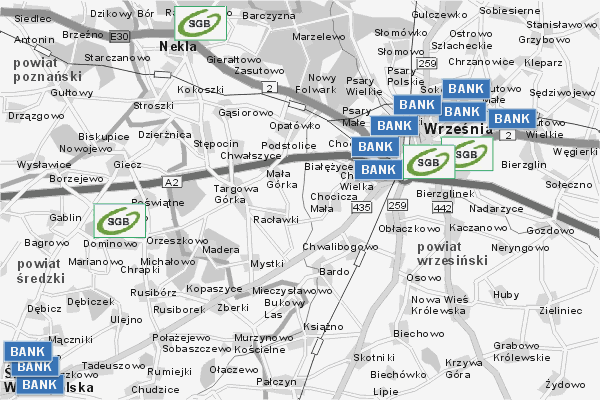 Mapa ( Plan ) Wielkopolski. Warstwa Bankowa Wielkopolska. Wielkopolska.  
  
   Warstwa bankowa prezentuje wybrane lokalizacje wielkopolskich bankw w postaci umieszczonego znaku graficznego BANK. Po najechaniu kursorem myszy na znak graficzny pojawia si nazwa i adres lokalizowanego banku (IE), a po klikniciu w niektre loga otwiera dodatkowe okienko z opisem banku i danymi teleadresowymi. Mapa wykonana jest w skali 1:50 000 - warstwa bankowa.

Wielkopolska - warstwa bankowa ( BANK ) Internetowego Planu Wielkopolski serwisu Cyber Wielkopolska.