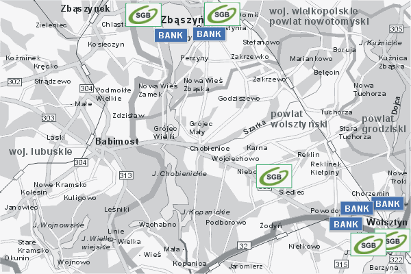 Mapa ( Plan ) Wielkopolski. Warstwa Bankowa Wielkopolska. Wielkopolska.  
  
   Warstwa bankowa prezentuje wybrane lokalizacje wielkopolskich bankw w postaci umieszczonego znaku graficznego BANK. Po najechaniu kursorem myszy na znak graficzny pojawia si nazwa i adres lokalizowanego banku (IE), a po klikniciu w niektre loga otwiera dodatkowe okienko z opisem banku i danymi teleadresowymi. Mapa wykonana jest w skali 1:50 000 - warstwa bankowa.

Wielkopolska - warstwa bankowa ( BANK ) Internetowego Planu Wielkopolski serwisu Cyber Wielkopolska.