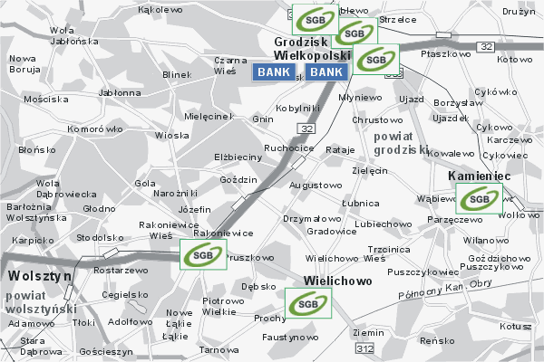 Mapa ( Plan ) Wielkopolski. Warstwa Bankowa Wielkopolska. Wielkopolska.  
  
   Warstwa bankowa prezentuje wybrane lokalizacje wielkopolskich bankw w postaci umieszczonego znaku graficznego BANK. Po najechaniu kursorem myszy na znak graficzny pojawia si nazwa i adres lokalizowanego banku (IE), a po klikniciu w niektre loga otwiera dodatkowe okienko z opisem banku i danymi teleadresowymi. Mapa wykonana jest w skali 1:50 000 - warstwa bankowa.

Wielkopolska - warstwa bankowa ( BANK ) Internetowego Planu Wielkopolski serwisu Cyber Wielkopolska.