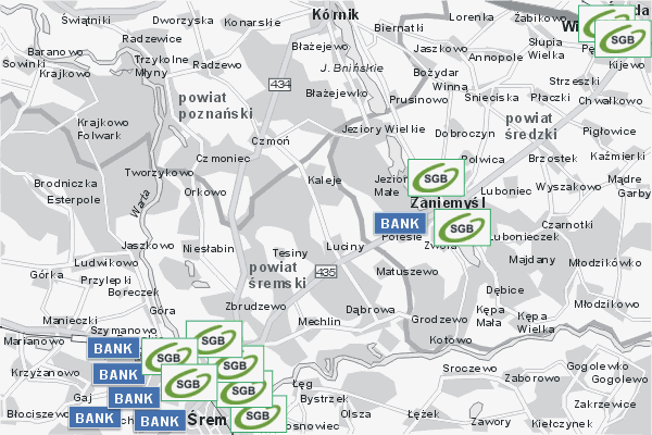 Mapa ( Plan ) Wielkopolski. Warstwa Bankowa Wielkopolska. Wielkopolska.  
  
   Warstwa bankowa prezentuje wybrane lokalizacje wielkopolskich bankw w postaci umieszczonego znaku graficznego BANK. Po najechaniu kursorem myszy na znak graficzny pojawia si nazwa i adres lokalizowanego banku (IE), a po klikniciu w niektre loga otwiera dodatkowe okienko z opisem banku i danymi teleadresowymi. Mapa wykonana jest w skali 1:50 000 - warstwa bankowa.

Wielkopolska - warstwa bankowa ( BANK ) Internetowego Planu Wielkopolski serwisu Cyber Wielkopolska.