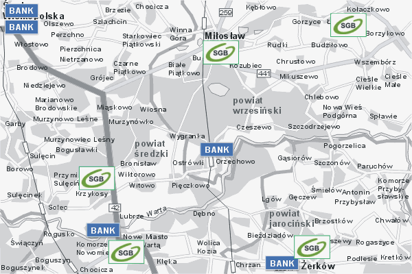 Mapa ( Plan ) Wielkopolski. Warstwa Bankowa Wielkopolska. Wielkopolska.  
  
   Warstwa bankowa prezentuje wybrane lokalizacje wielkopolskich bankw w postaci umieszczonego znaku graficznego BANK. Po najechaniu kursorem myszy na znak graficzny pojawia si nazwa i adres lokalizowanego banku (IE), a po klikniciu w niektre loga otwiera dodatkowe okienko z opisem banku i danymi teleadresowymi. Mapa wykonana jest w skali 1:50 000 - warstwa bankowa.

Wielkopolska - warstwa bankowa ( BANK ) Internetowego Planu Wielkopolski serwisu Cyber Wielkopolska.