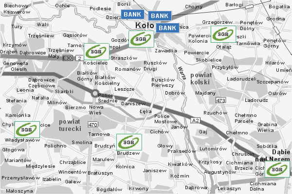 Mapa ( Plan ) Wielkopolski. Warstwa Bankowa Wielkopolska. Wielkopolska.  
  
   Warstwa bankowa prezentuje wybrane lokalizacje wielkopolskich bankw w postaci umieszczonego znaku graficznego BANK. Po najechaniu kursorem myszy na znak graficzny pojawia si nazwa i adres lokalizowanego banku (IE), a po klikniciu w niektre loga otwiera dodatkowe okienko z opisem banku i danymi teleadresowymi. Mapa wykonana jest w skali 1:50 000 - warstwa bankowa.

Wielkopolska - warstwa bankowa ( BANK ) Internetowego Planu Wielkopolski serwisu Cyber Wielkopolska.