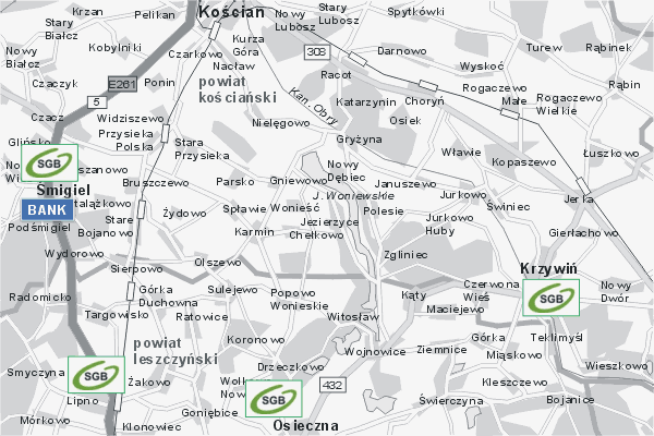 Mapa ( Plan ) Wielkopolski. Warstwa Bankowa Wielkopolska. Wielkopolska.  
  
   Warstwa bankowa prezentuje wybrane lokalizacje wielkopolskich bankw w postaci umieszczonego znaku graficznego BANK. Po najechaniu kursorem myszy na znak graficzny pojawia si nazwa i adres lokalizowanego banku (IE), a po klikniciu w niektre loga otwiera dodatkowe okienko z opisem banku i danymi teleadresowymi. Mapa wykonana jest w skali 1:50 000 - warstwa bankowa.

Wielkopolska - warstwa bankowa ( BANK ) Internetowego Planu Wielkopolski serwisu Cyber Wielkopolska.