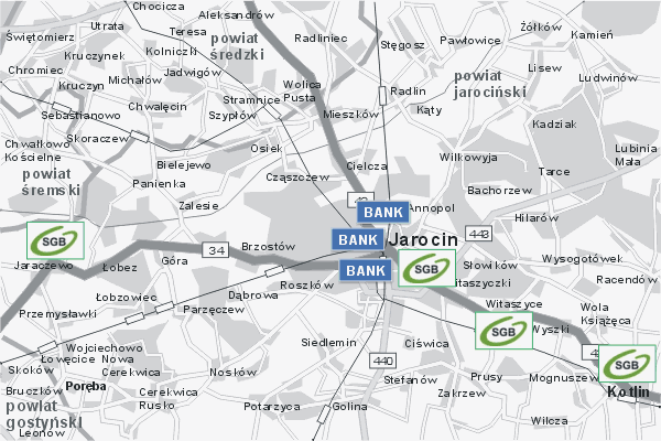 Mapa ( Plan ) Wielkopolski. Warstwa Bankowa Wielkopolska. Wielkopolska.  
  
   Warstwa bankowa prezentuje wybrane lokalizacje wielkopolskich bankw w postaci umieszczonego znaku graficznego BANK. Po najechaniu kursorem myszy na znak graficzny pojawia si nazwa i adres lokalizowanego banku (IE), a po klikniciu w niektre loga otwiera dodatkowe okienko z opisem banku i danymi teleadresowymi. Mapa wykonana jest w skali 1:50 000 - warstwa bankowa.

Wielkopolska - warstwa bankowa ( BANK ) Internetowego Planu Wielkopolski serwisu Cyber Wielkopolska.