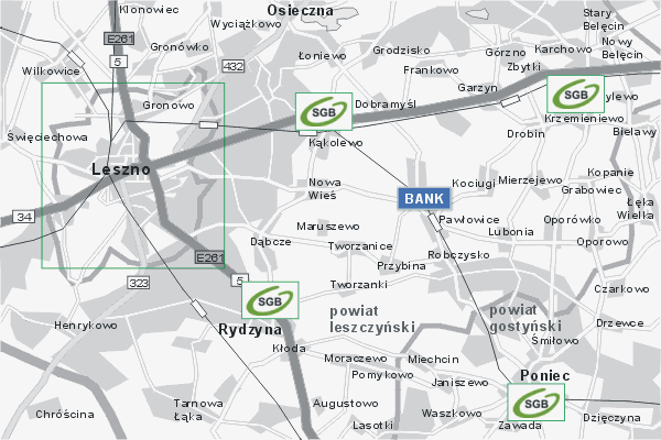 Mapa ( Plan ) Wielkopolski. Warstwa Bankowa Wielkopolska. Wielkopolska.  
  
   Warstwa bankowa prezentuje wybrane lokalizacje wielkopolskich bankw w postaci umieszczonego znaku graficznego BANK. Po najechaniu kursorem myszy na znak graficzny pojawia si nazwa i adres lokalizowanego banku (IE), a po klikniciu w niektre loga otwiera dodatkowe okienko z opisem banku i danymi teleadresowymi. Mapa wykonana jest w skali 1:50 000 - warstwa bankowa.

Wielkopolska - warstwa bankowa ( BANK ) Internetowego Planu Wielkopolski serwisu Cyber Wielkopolska.