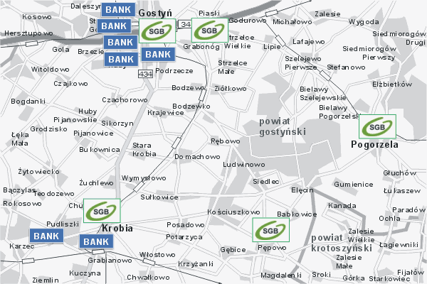 Mapa ( Plan ) Wielkopolski. Warstwa Bankowa Wielkopolska. Wielkopolska.  
  
   Warstwa bankowa prezentuje wybrane lokalizacje wielkopolskich bankw w postaci umieszczonego znaku graficznego BANK. Po najechaniu kursorem myszy na znak graficzny pojawia si nazwa i adres lokalizowanego banku (IE), a po klikniciu w niektre loga otwiera dodatkowe okienko z opisem banku i danymi teleadresowymi. Mapa wykonana jest w skali 1:50 000 - warstwa bankowa.

Wielkopolska - warstwa bankowa ( BANK ) Internetowego Planu Wielkopolski serwisu Cyber Wielkopolska.