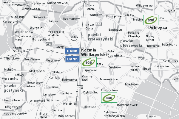 Mapa ( Plan ) Wielkopolski. Warstwa Bankowa Wielkopolska. Wielkopolska.  
  
   Warstwa bankowa prezentuje wybrane lokalizacje wielkopolskich bankw w postaci umieszczonego znaku graficznego BANK. Po najechaniu kursorem myszy na znak graficzny pojawia si nazwa i adres lokalizowanego banku (IE), a po klikniciu w niektre loga otwiera dodatkowe okienko z opisem banku i danymi teleadresowymi. Mapa wykonana jest w skali 1:50 000 - warstwa bankowa.

Wielkopolska - warstwa bankowa ( BANK ) Internetowego Planu Wielkopolski serwisu Cyber Wielkopolska.