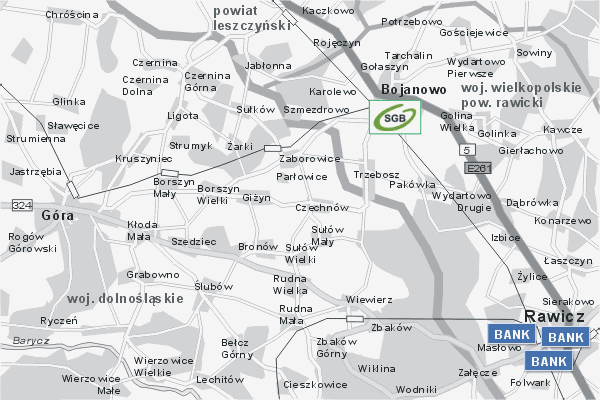 Mapa ( Plan ) Wielkopolski. Warstwa Bankowa Wielkopolska. Wielkopolska.  
  
   Warstwa bankowa prezentuje wybrane lokalizacje wielkopolskich bankw w postaci umieszczonego znaku graficznego BANK. Po najechaniu kursorem myszy na znak graficzny pojawia si nazwa i adres lokalizowanego banku (IE), a po klikniciu w niektre loga otwiera dodatkowe okienko z opisem banku i danymi teleadresowymi. Mapa wykonana jest w skali 1:50 000 - warstwa bankowa.

Wielkopolska - warstwa bankowa ( BANK ) Internetowego Planu Wielkopolski serwisu Cyber Wielkopolska.