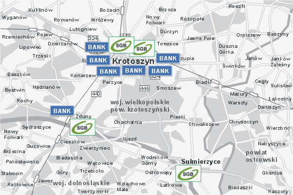 Mapa ( Plan ) Wielkopolski. Warstwa Bankowa Wielkopolska. Wielkopolska.  
  
   Warstwa bankowa prezentuje wybrane lokalizacje wielkopolskich bankw w postaci umieszczonego znaku graficznego BANK. Po najechaniu kursorem myszy na znak graficzny pojawia si nazwa i adres lokalizowanego banku (IE), a po klikniciu w niektre loga otwiera dodatkowe okienko z opisem banku i danymi teleadresowymi. Mapa wykonana jest w skali 1:50 000 - warstwa bankowa.

Wielkopolska - warstwa bankowa ( BANK ) Internetowego Planu Wielkopolski serwisu Cyber Wielkopolska.