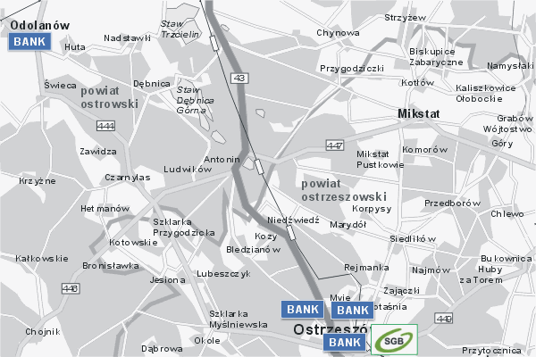 Mapa ( Plan ) Wielkopolski. Warstwa Bankowa Wielkopolska. Wielkopolska.  
  
   Warstwa bankowa prezentuje wybrane lokalizacje wielkopolskich bankw w postaci umieszczonego znaku graficznego BANK. Po najechaniu kursorem myszy na znak graficzny pojawia si nazwa i adres lokalizowanego banku (IE), a po klikniciu w niektre loga otwiera dodatkowe okienko z opisem banku i danymi teleadresowymi. Mapa wykonana jest w skali 1:50 000 - warstwa bankowa.

Wielkopolska - warstwa bankowa ( BANK ) Internetowego Planu Wielkopolski serwisu Cyber Wielkopolska.