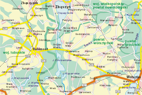 Mapa ( Plan ) Wielkopolski. Warstwa gwna. Wielkopolska.    
   Warstwa gwna prezentuje ukad miejscowoci, tras, drg, terenw zieleni Wielkopolski. Zaznaczono: gwne trasy komunikacyjne, trasy przelotowe Wielkopolski, jeziora, rzeki, trasy kolejowe, tereny zielone, przemysowe. Mapa wykonana jest w skali 1:50 000 - warstwa podstawowa oraz w wikszych skalach.

Wielkopolska - warstwa gwna Internetowej Mapy Wielkopolski serwisu Cyber Wielkopolska.