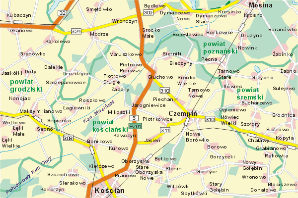 Mapa ( Plan ) Wielkopolski. Warstwa gwna. Wielkopolska.    
   Warstwa gwna prezentuje ukad miejscowoci, tras, drg, terenw zieleni Wielkopolski. Zaznaczono: gwne trasy komunikacyjne, trasy przelotowe Wielkopolski, jeziora, rzeki, trasy kolejowe, tereny zielone, przemysowe. Mapa wykonana jest w skali 1:50 000 - warstwa podstawowa oraz w wikszych skalach.

Wielkopolska - warstwa gwna Internetowej Mapy Wielkopolski serwisu Cyber Wielkopolska.