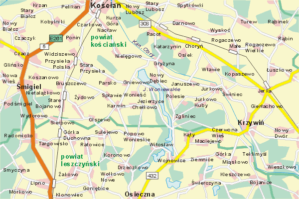 Mapa ( Plan ) Wielkopolski. Warstwa gwna. Wielkopolska.    
   Warstwa gwna prezentuje ukad miejscowoci, tras, drg, terenw zieleni Wielkopolski. Zaznaczono: gwne trasy komunikacyjne, trasy przelotowe Wielkopolski, jeziora, rzeki, trasy kolejowe, tereny zielone, przemysowe. Mapa wykonana jest w skali 1:50 000 - warstwa podstawowa oraz w wikszych skalach.

Wielkopolska - warstwa gwna Internetowej Mapy Wielkopolski serwisu Cyber Wielkopolska.