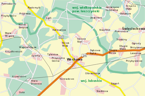 Mapa ( Plan ) Wielkopolski. Warstwa gwna. Wielkopolska.    
   Warstwa gwna prezentuje ukad miejscowoci, tras, drg, terenw zieleni Wielkopolski. Zaznaczono: gwne trasy komunikacyjne, trasy przelotowe Wielkopolski, jeziora, rzeki, trasy kolejowe, tereny zielone, przemysowe. Mapa wykonana jest w skali 1:50 000 - warstwa podstawowa oraz w wikszych skalach.

Wielkopolska - warstwa gwna Internetowej Mapy Wielkopolski serwisu Cyber Wielkopolska.