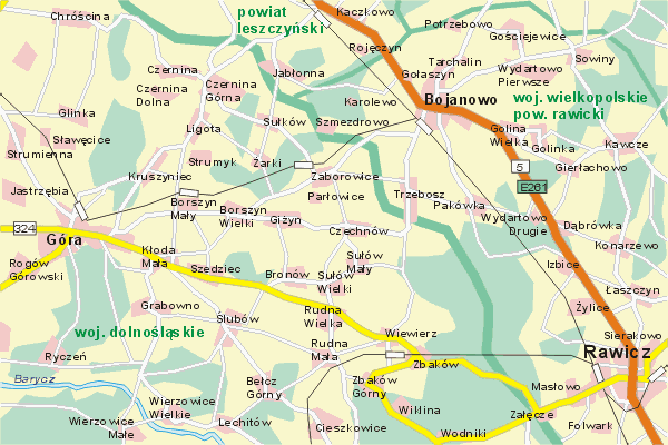 Mapa ( Plan ) Wielkopolski. Warstwa gwna. Wielkopolska.    
   Warstwa gwna prezentuje ukad miejscowoci, tras, drg, terenw zieleni Wielkopolski. Zaznaczono: gwne trasy komunikacyjne, trasy przelotowe Wielkopolski, jeziora, rzeki, trasy kolejowe, tereny zielone, przemysowe. Mapa wykonana jest w skali 1:50 000 - warstwa podstawowa oraz w wikszych skalach.

Wielkopolska - warstwa gwna Internetowej Mapy Wielkopolski serwisu Cyber Wielkopolska.