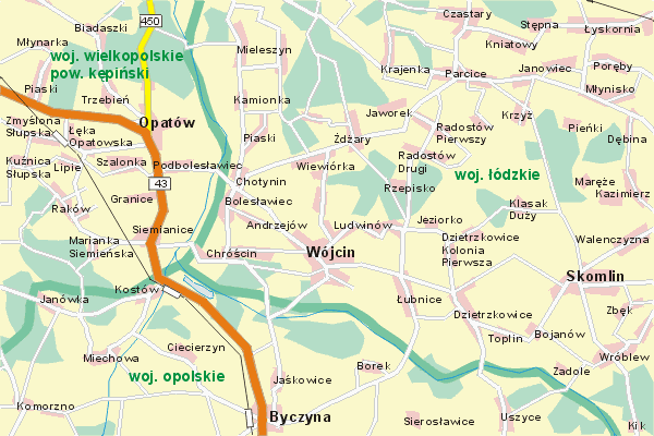 Mapa ( Plan ) Wielkopolski. Warstwa gwna. Wielkopolska.    
   Warstwa gwna prezentuje ukad miejscowoci, tras, drg, terenw zieleni Wielkopolski. Zaznaczono: gwne trasy komunikacyjne, trasy przelotowe Wielkopolski, jeziora, rzeki, trasy kolejowe, tereny zielone, przemysowe. Mapa wykonana jest w skali 1:50 000 - warstwa podstawowa oraz w wikszych skalach.

Wielkopolska - warstwa gwna Internetowej Mapy Wielkopolski serwisu Cyber Wielkopolska.