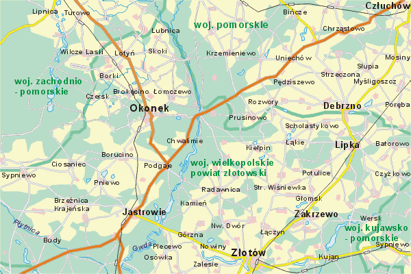 Mapa ( Plan ) Wielkopolski. Warstwa gwna. Wielkopolska.    
   Warstwa gwna prezentuje ukad miejscowoci, tras, drg, terenw zieleni Wielkopolski. Zaznaczono: gwne trasy komunikacyjne, trasy przelotowe Wielkopolski, jeziora, rzeki, trasy kolejowe, tereny zielone, przemysowe. Mapa wykonana jest w skali 1:50 000 - warstwa podstawowa oraz w wikszych skalach.

Wielkopolska - warstwa gwna Internetowej Mapy Wielkopolski serwisu Cyber Wielkopolska.