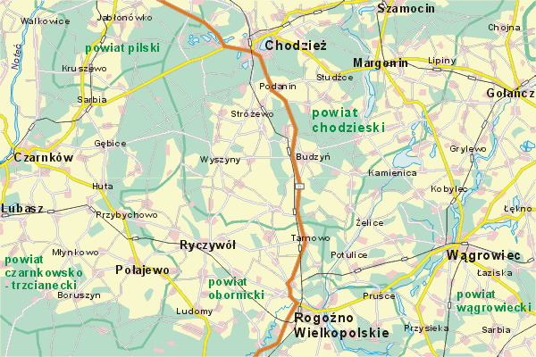 Mapa ( Plan ) Wielkopolski. Warstwa gwna. Wielkopolska.    
   Warstwa gwna prezentuje ukad miejscowoci, tras, drg, terenw zieleni Wielkopolski. Zaznaczono: gwne trasy komunikacyjne, trasy przelotowe Wielkopolski, jeziora, rzeki, trasy kolejowe, tereny zielone, przemysowe. Mapa wykonana jest w skali 1:50 000 - warstwa podstawowa oraz w wikszych skalach.

Wielkopolska - warstwa gwna Internetowej Mapy Wielkopolski serwisu Cyber Wielkopolska.