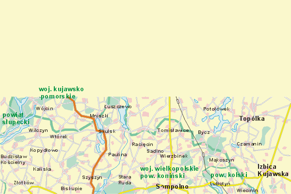 Mapa ( Plan ) Wielkopolski. Warstwa gwna. Wielkopolska.    
   Warstwa gwna prezentuje ukad miejscowoci, tras, drg, terenw zieleni Wielkopolski. Zaznaczono: gwne trasy komunikacyjne, trasy przelotowe Wielkopolski, jeziora, rzeki, trasy kolejowe, tereny zielone, przemysowe. Mapa wykonana jest w skali 1:50 000 - warstwa podstawowa oraz w wikszych skalach.

Wielkopolska - warstwa gwna Internetowej Mapy Wielkopolski serwisu Cyber Wielkopolska.