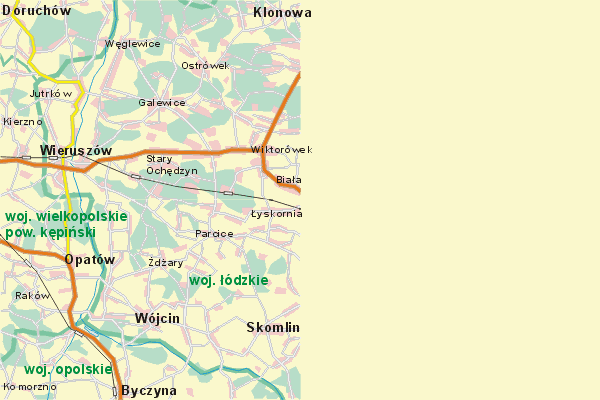 Mapa ( Plan ) Wielkopolski. Warstwa gwna. Wielkopolska.    
   Warstwa gwna prezentuje ukad miejscowoci, tras, drg, terenw zieleni Wielkopolski. Zaznaczono: gwne trasy komunikacyjne, trasy przelotowe Wielkopolski, jeziora, rzeki, trasy kolejowe, tereny zielone, przemysowe. Mapa wykonana jest w skali 1:50 000 - warstwa podstawowa oraz w wikszych skalach.

Wielkopolska - warstwa gwna Internetowej Mapy Wielkopolski serwisu Cyber Wielkopolska.