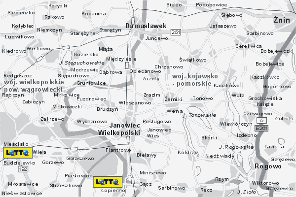 Mapa ( Plan ) Wielkopolski. Lokalizacje LOTTO Wielkopolska. Wielkopolska.  
  
   Warstwa LOTTO prezentuje lokalizacje wielkopolskich lottomatw w postaci umieszczonego znaku graficznego LOTTO. Po najechaniu kursorem myszy na znak graficzny pojawia si nazwa i adres lokalizowanego lottomatu (IE), a po klikniciu w niektre loga otwiera dodatkowe okienko z opisem kolektury, danymi teleadresowymi i godzinami otwarcia. Mapa wykonana jest w skali 1:50 000 - warstwa LOTTO.

Wielkopolska - lokalizacje lottomatw ( LOTTO ) Internetowego Planu Wielkoplski serwisu Cyber Wielkopolska.