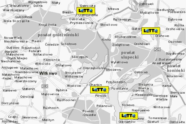 Mapa ( Plan ) Wielkopolski. Lokalizacje LOTTO Wielkopolska. Wielkopolska.  
  
   Warstwa LOTTO prezentuje lokalizacje wielkopolskich lottomatów w postaci umieszczonego znaku graficznego LOTTO. Po najechaniu kursorem myszy na znak graficzny pojawia się nazwa i adres lokalizowanego lottomatu (IE), a po kliknięciu w niektóre loga otwiera dodatkowe okienko z opisem kolektury, danymi teleadresowymi i godzinami otwarcia. Mapa wykonana jest w skali 1:50 000 - warstwa LOTTO.

Wielkopolska - lokalizacje lottomatów ( LOTTO ) Internetowego Planu Wielkoplski serwisu Cyber Wielkopolska.