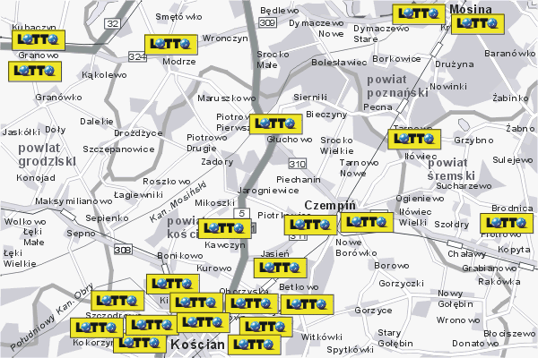 Mapa ( Plan ) Wielkopolski. Lokalizacje LOTTO Wielkopolska. Wielkopolska.  
  
   Warstwa LOTTO prezentuje lokalizacje wielkopolskich lottomatw w postaci umieszczonego znaku graficznego LOTTO. Po najechaniu kursorem myszy na znak graficzny pojawia si nazwa i adres lokalizowanego lottomatu (IE), a po klikniciu w niektre loga otwiera dodatkowe okienko z opisem kolektury, danymi teleadresowymi i godzinami otwarcia. Mapa wykonana jest w skali 1:50 000 - warstwa LOTTO.

Wielkopolska - lokalizacje lottomatw ( LOTTO ) Internetowego Planu Wielkoplski serwisu Cyber Wielkopolska.