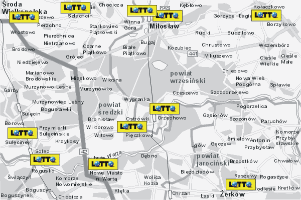 Mapa ( Plan ) Wielkopolski. Lokalizacje LOTTO Wielkopolska. Wielkopolska.  
  
   Warstwa LOTTO prezentuje lokalizacje wielkopolskich lottomatw w postaci umieszczonego znaku graficznego LOTTO. Po najechaniu kursorem myszy na znak graficzny pojawia si nazwa i adres lokalizowanego lottomatu (IE), a po klikniciu w niektre loga otwiera dodatkowe okienko z opisem kolektury, danymi teleadresowymi i godzinami otwarcia. Mapa wykonana jest w skali 1:50 000 - warstwa LOTTO.

Wielkopolska - lokalizacje lottomatw ( LOTTO ) Internetowego Planu Wielkoplski serwisu Cyber Wielkopolska.