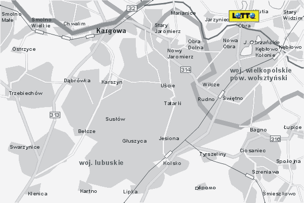 Mapa ( Plan ) Wielkopolski. Lokalizacje LOTTO Wielkopolska. Wielkopolska.  
  
   Warstwa LOTTO prezentuje lokalizacje wielkopolskich lottomatw w postaci umieszczonego znaku graficznego LOTTO. Po najechaniu kursorem myszy na znak graficzny pojawia si nazwa i adres lokalizowanego lottomatu (IE), a po klikniciu w niektre loga otwiera dodatkowe okienko z opisem kolektury, danymi teleadresowymi i godzinami otwarcia. Mapa wykonana jest w skali 1:50 000 - warstwa LOTTO.

Wielkopolska - lokalizacje lottomatw ( LOTTO ) Internetowego Planu Wielkoplski serwisu Cyber Wielkopolska.