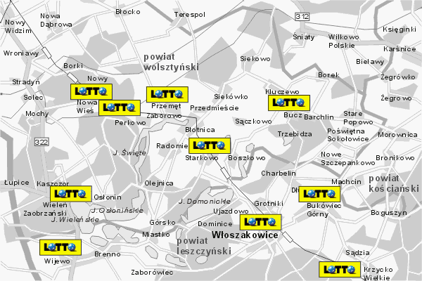 Mapa ( Plan ) Wielkopolski. Lokalizacje LOTTO Wielkopolska. Wielkopolska.  
  
   Warstwa LOTTO prezentuje lokalizacje wielkopolskich lottomatw w postaci umieszczonego znaku graficznego LOTTO. Po najechaniu kursorem myszy na znak graficzny pojawia si nazwa i adres lokalizowanego lottomatu (IE), a po klikniciu w niektre loga otwiera dodatkowe okienko z opisem kolektury, danymi teleadresowymi i godzinami otwarcia. Mapa wykonana jest w skali 1:50 000 - warstwa LOTTO.

Wielkopolska - lokalizacje lottomatw ( LOTTO ) Internetowego Planu Wielkoplski serwisu Cyber Wielkopolska.