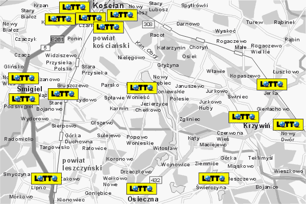 Mapa ( Plan ) Wielkopolski. Lokalizacje LOTTO Wielkopolska. Wielkopolska.  
  
   Warstwa LOTTO prezentuje lokalizacje wielkopolskich lottomatw w postaci umieszczonego znaku graficznego LOTTO. Po najechaniu kursorem myszy na znak graficzny pojawia si nazwa i adres lokalizowanego lottomatu (IE), a po klikniciu w niektre loga otwiera dodatkowe okienko z opisem kolektury, danymi teleadresowymi i godzinami otwarcia. Mapa wykonana jest w skali 1:50 000 - warstwa LOTTO.

Wielkopolska - lokalizacje lottomatw ( LOTTO ) Internetowego Planu Wielkoplski serwisu Cyber Wielkopolska.