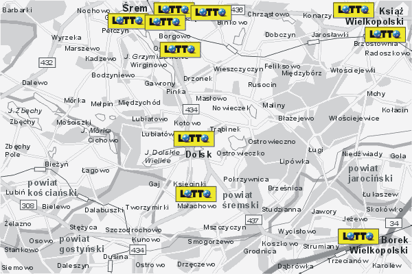 Mapa ( Plan ) Wielkopolski. Lokalizacje LOTTO Wielkopolska. Wielkopolska.  
  
   Warstwa LOTTO prezentuje lokalizacje wielkopolskich lottomatw w postaci umieszczonego znaku graficznego LOTTO. Po najechaniu kursorem myszy na znak graficzny pojawia si nazwa i adres lokalizowanego lottomatu (IE), a po klikniciu w niektre loga otwiera dodatkowe okienko z opisem kolektury, danymi teleadresowymi i godzinami otwarcia. Mapa wykonana jest w skali 1:50 000 - warstwa LOTTO.

Wielkopolska - lokalizacje lottomatw ( LOTTO ) Internetowego Planu Wielkoplski serwisu Cyber Wielkopolska.