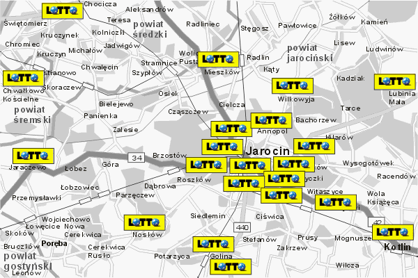 Mapa ( Plan ) Wielkopolski. Lokalizacje LOTTO Wielkopolska. Wielkopolska.  
  
   Warstwa LOTTO prezentuje lokalizacje wielkopolskich lottomatw w postaci umieszczonego znaku graficznego LOTTO. Po najechaniu kursorem myszy na znak graficzny pojawia si nazwa i adres lokalizowanego lottomatu (IE), a po klikniciu w niektre loga otwiera dodatkowe okienko z opisem kolektury, danymi teleadresowymi i godzinami otwarcia. Mapa wykonana jest w skali 1:50 000 - warstwa LOTTO.

Wielkopolska - lokalizacje lottomatw ( LOTTO ) Internetowego Planu Wielkoplski serwisu Cyber Wielkopolska.