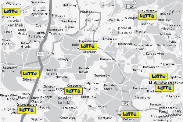 Mapa ( Plan ) Wielkopolski. Lokalizacje LOTTO Wielkopolska. Wielkopolska.  
  
   Warstwa LOTTO prezentuje lokalizacje wielkopolskich lottomatw w postaci umieszczonego znaku graficznego LOTTO. Po najechaniu kursorem myszy na znak graficzny pojawia si nazwa i adres lokalizowanego lottomatu (IE), a po klikniciu w niektre loga otwiera dodatkowe okienko z opisem kolektury, danymi teleadresowymi i godzinami otwarcia. Mapa wykonana jest w skali 1:50 000 - warstwa LOTTO.

Wielkopolska - lokalizacje lottomatw ( LOTTO ) Internetowego Planu Wielkoplski serwisu Cyber Wielkopolska.