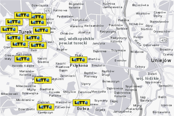 Mapa ( Plan ) Wielkopolski. Lokalizacje LOTTO Wielkopolska. Wielkopolska.  
  
   Warstwa LOTTO prezentuje lokalizacje wielkopolskich lottomatw w postaci umieszczonego znaku graficznego LOTTO. Po najechaniu kursorem myszy na znak graficzny pojawia si nazwa i adres lokalizowanego lottomatu (IE), a po klikniciu w niektre loga otwiera dodatkowe okienko z opisem kolektury, danymi teleadresowymi i godzinami otwarcia. Mapa wykonana jest w skali 1:50 000 - warstwa LOTTO.

Wielkopolska - lokalizacje lottomatw ( LOTTO ) Internetowego Planu Wielkoplski serwisu Cyber Wielkopolska.