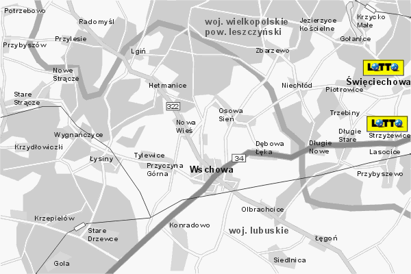 Mapa ( Plan ) Wielkopolski. Lokalizacje LOTTO Wielkopolska. Wielkopolska.  
  
   Warstwa LOTTO prezentuje lokalizacje wielkopolskich lottomatw w postaci umieszczonego znaku graficznego LOTTO. Po najechaniu kursorem myszy na znak graficzny pojawia si nazwa i adres lokalizowanego lottomatu (IE), a po klikniciu w niektre loga otwiera dodatkowe okienko z opisem kolektury, danymi teleadresowymi i godzinami otwarcia. Mapa wykonana jest w skali 1:50 000 - warstwa LOTTO.

Wielkopolska - lokalizacje lottomatw ( LOTTO ) Internetowego Planu Wielkoplski serwisu Cyber Wielkopolska.