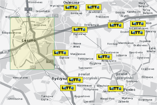 Mapa ( Plan ) Wielkopolski. Lokalizacje LOTTO Wielkopolska. Wielkopolska.  
  
   Warstwa LOTTO prezentuje lokalizacje wielkopolskich lottomatów w postaci umieszczonego znaku graficznego LOTTO. Po najechaniu kursorem myszy na znak graficzny pojawia się nazwa i adres lokalizowanego lottomatu (IE), a po kliknięciu w niektóre loga otwiera dodatkowe okienko z opisem kolektury, danymi teleadresowymi i godzinami otwarcia. Mapa wykonana jest w skali 1:50 000 - warstwa LOTTO.

Wielkopolska - lokalizacje lottomatów ( LOTTO ) Internetowego Planu Wielkoplski serwisu Cyber Wielkopolska.