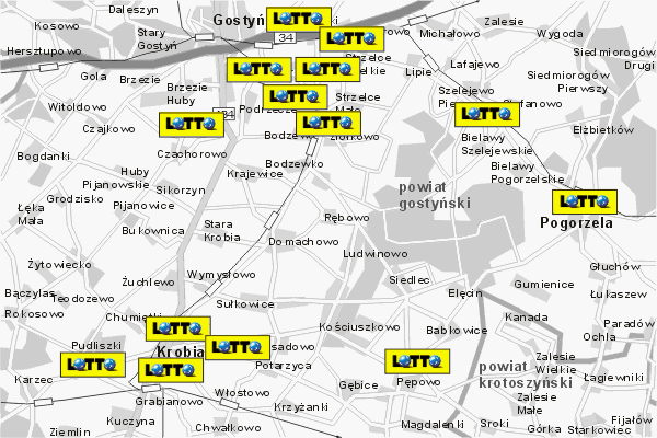 Mapa ( Plan ) Wielkopolski. Lokalizacje LOTTO Wielkopolska. Wielkopolska.  
  
   Warstwa LOTTO prezentuje lokalizacje wielkopolskich lottomatw w postaci umieszczonego znaku graficznego LOTTO. Po najechaniu kursorem myszy na znak graficzny pojawia si nazwa i adres lokalizowanego lottomatu (IE), a po klikniciu w niektre loga otwiera dodatkowe okienko z opisem kolektury, danymi teleadresowymi i godzinami otwarcia. Mapa wykonana jest w skali 1:50 000 - warstwa LOTTO.

Wielkopolska - lokalizacje lottomatw ( LOTTO ) Internetowego Planu Wielkoplski serwisu Cyber Wielkopolska.