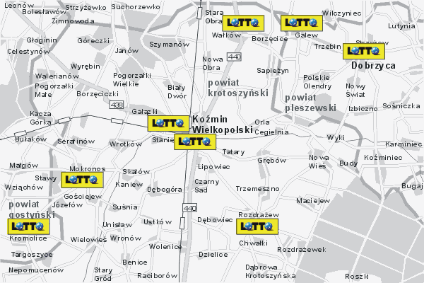 Mapa ( Plan ) Wielkopolski. Lokalizacje LOTTO Wielkopolska. Wielkopolska.  
  
   Warstwa LOTTO prezentuje lokalizacje wielkopolskich lottomatw w postaci umieszczonego znaku graficznego LOTTO. Po najechaniu kursorem myszy na znak graficzny pojawia si nazwa i adres lokalizowanego lottomatu (IE), a po klikniciu w niektre loga otwiera dodatkowe okienko z opisem kolektury, danymi teleadresowymi i godzinami otwarcia. Mapa wykonana jest w skali 1:50 000 - warstwa LOTTO.

Wielkopolska - lokalizacje lottomatw ( LOTTO ) Internetowego Planu Wielkoplski serwisu Cyber Wielkopolska.