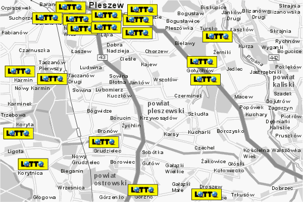 Mapa ( Plan ) Wielkopolski. Lokalizacje LOTTO Wielkopolska. Wielkopolska.  
  
   Warstwa LOTTO prezentuje lokalizacje wielkopolskich lottomatw w postaci umieszczonego znaku graficznego LOTTO. Po najechaniu kursorem myszy na znak graficzny pojawia si nazwa i adres lokalizowanego lottomatu (IE), a po klikniciu w niektre loga otwiera dodatkowe okienko z opisem kolektury, danymi teleadresowymi i godzinami otwarcia. Mapa wykonana jest w skali 1:50 000 - warstwa LOTTO.

Wielkopolska - lokalizacje lottomatw ( LOTTO ) Internetowego Planu Wielkoplski serwisu Cyber Wielkopolska.