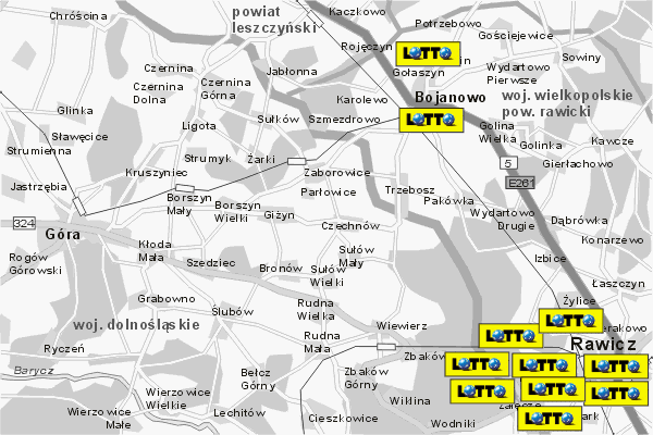 Mapa ( Plan ) Wielkopolski. Lokalizacje LOTTO Wielkopolska. Wielkopolska.  
  
   Warstwa LOTTO prezentuje lokalizacje wielkopolskich lottomatw w postaci umieszczonego znaku graficznego LOTTO. Po najechaniu kursorem myszy na znak graficzny pojawia si nazwa i adres lokalizowanego lottomatu (IE), a po klikniciu w niektre loga otwiera dodatkowe okienko z opisem kolektury, danymi teleadresowymi i godzinami otwarcia. Mapa wykonana jest w skali 1:50 000 - warstwa LOTTO.

Wielkopolska - lokalizacje lottomatw ( LOTTO ) Internetowego Planu Wielkoplski serwisu Cyber Wielkopolska.