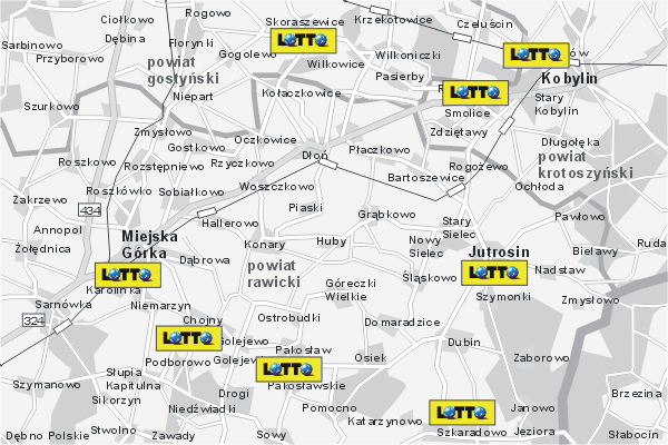 Mapa ( Plan ) Wielkopolski. Lokalizacje LOTTO Wielkopolska. Wielkopolska.  
  
   Warstwa LOTTO prezentuje lokalizacje wielkopolskich lottomatw w postaci umieszczonego znaku graficznego LOTTO. Po najechaniu kursorem myszy na znak graficzny pojawia si nazwa i adres lokalizowanego lottomatu (IE), a po klikniciu w niektre loga otwiera dodatkowe okienko z opisem kolektury, danymi teleadresowymi i godzinami otwarcia. Mapa wykonana jest w skali 1:50 000 - warstwa LOTTO.

Wielkopolska - lokalizacje lottomatw ( LOTTO ) Internetowego Planu Wielkoplski serwisu Cyber Wielkopolska.