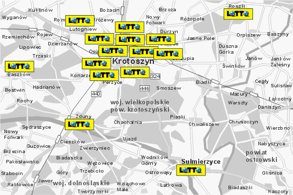 Mapa ( Plan ) Wielkopolski. Lokalizacje LOTTO Wielkopolska. Wielkopolska.  
  
   Warstwa LOTTO prezentuje lokalizacje wielkopolskich lottomatw w postaci umieszczonego znaku graficznego LOTTO. Po najechaniu kursorem myszy na znak graficzny pojawia si nazwa i adres lokalizowanego lottomatu (IE), a po klikniciu w niektre loga otwiera dodatkowe okienko z opisem kolektury, danymi teleadresowymi i godzinami otwarcia. Mapa wykonana jest w skali 1:50 000 - warstwa LOTTO.

Wielkopolska - lokalizacje lottomatw ( LOTTO ) Internetowego Planu Wielkoplski serwisu Cyber Wielkopolska.