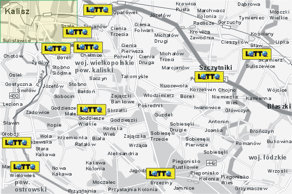 Mapa ( Plan ) Wielkopolski. Lokalizacje LOTTO Wielkopolska. Wielkopolska.  
  
   Warstwa LOTTO prezentuje lokalizacje wielkopolskich lottomatw w postaci umieszczonego znaku graficznego LOTTO. Po najechaniu kursorem myszy na znak graficzny pojawia si nazwa i adres lokalizowanego lottomatu (IE), a po klikniciu w niektre loga otwiera dodatkowe okienko z opisem kolektury, danymi teleadresowymi i godzinami otwarcia. Mapa wykonana jest w skali 1:50 000 - warstwa LOTTO.

Wielkopolska - lokalizacje lottomatw ( LOTTO ) Internetowego Planu Wielkoplski serwisu Cyber Wielkopolska.