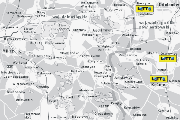 Mapa ( Plan ) Wielkopolski. Lokalizacje LOTTO Wielkopolska. Wielkopolska.  
  
   Warstwa LOTTO prezentuje lokalizacje wielkopolskich lottomatw w postaci umieszczonego znaku graficznego LOTTO. Po najechaniu kursorem myszy na znak graficzny pojawia si nazwa i adres lokalizowanego lottomatu (IE), a po klikniciu w niektre loga otwiera dodatkowe okienko z opisem kolektury, danymi teleadresowymi i godzinami otwarcia. Mapa wykonana jest w skali 1:50 000 - warstwa LOTTO.

Wielkopolska - lokalizacje lottomatw ( LOTTO ) Internetowego Planu Wielkoplski serwisu Cyber Wielkopolska.